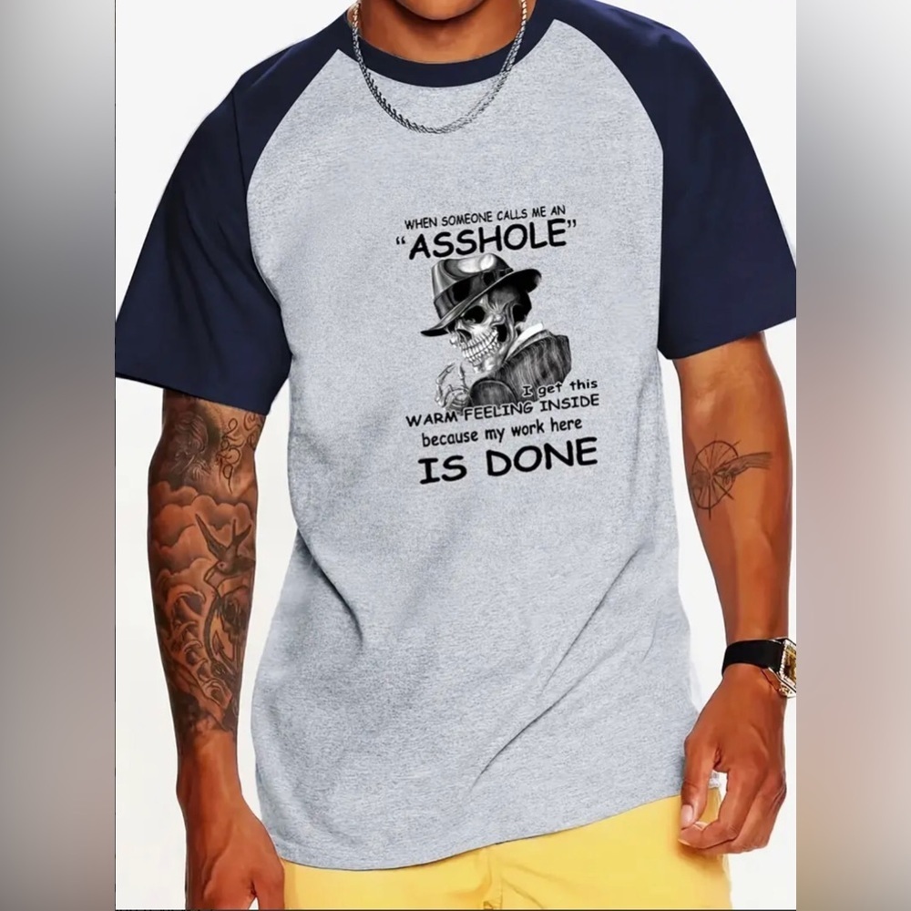 NWOT Mens Gray & Blue Funny Skeleton Graphic Print Raglan T-Shirt Size 1XL (46)